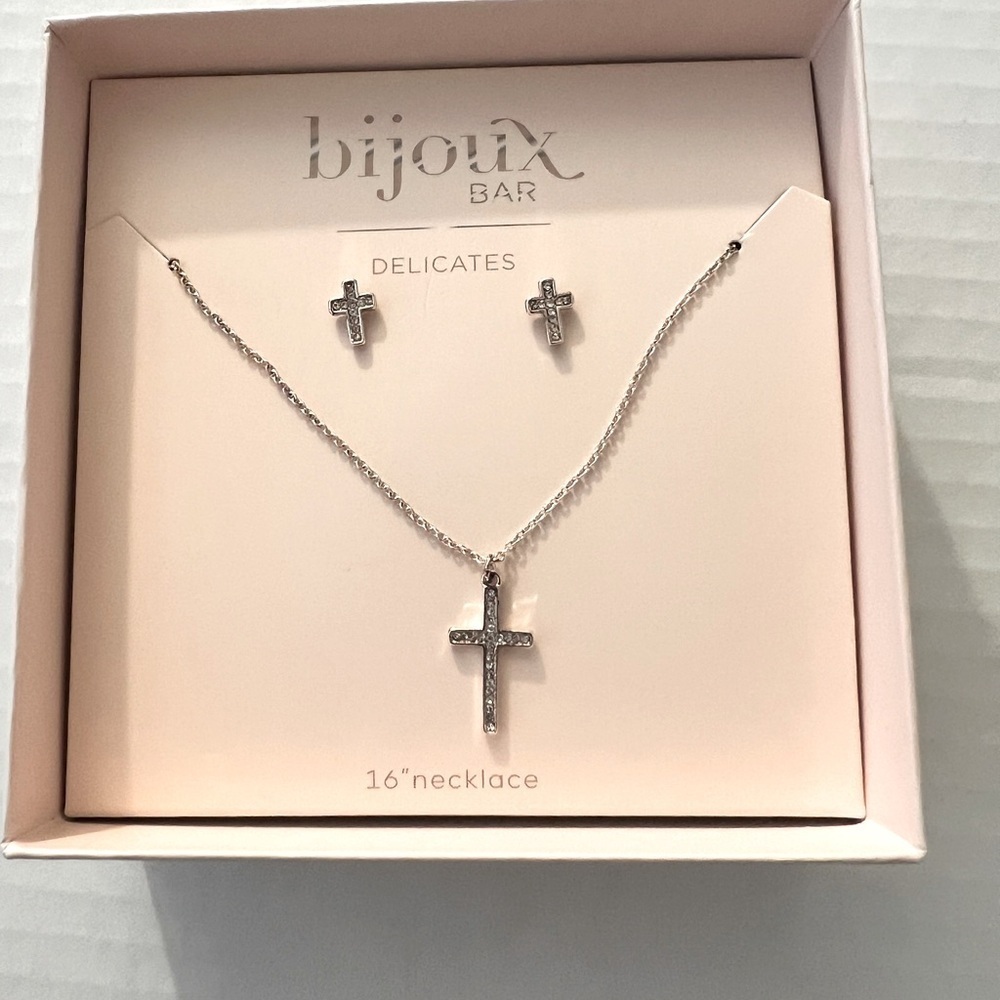 Bisjoux Silver Cross Necklace and Earring Set